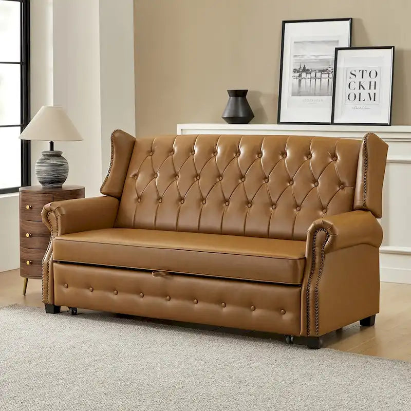 Transitional Chesterfield Vegan Leather Sofa Bed with Tufted Back