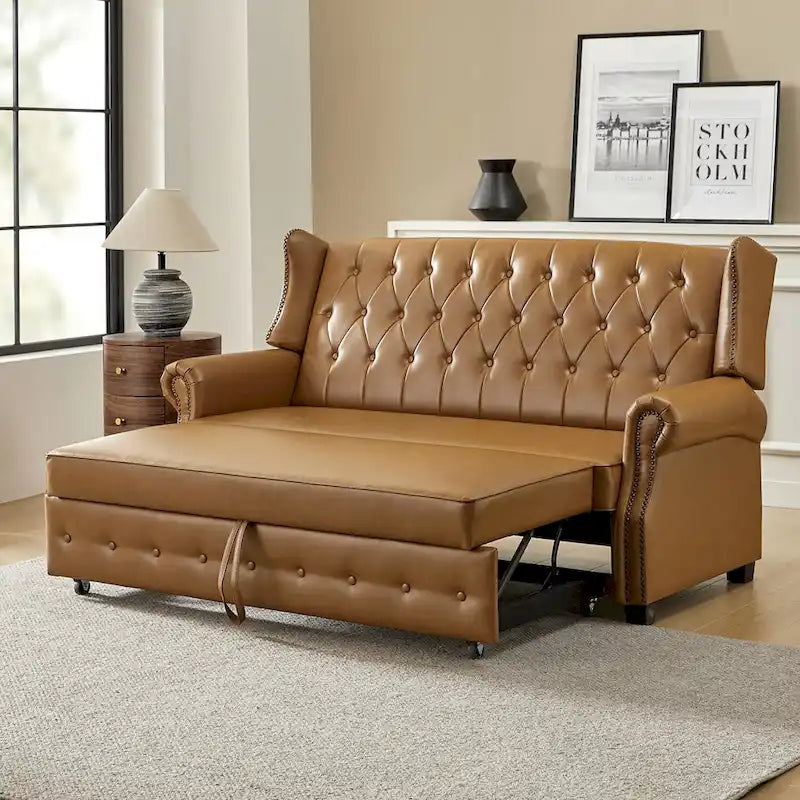 Transitional Chesterfield Vegan Leather Sofa Bed with Tufted Back