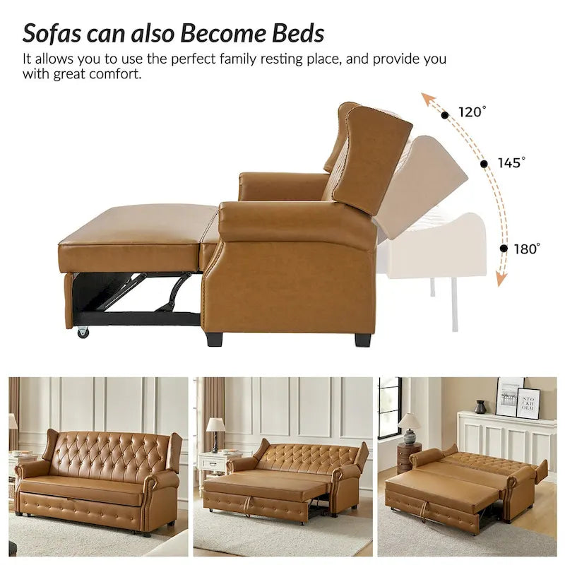 Transitional Chesterfield Vegan Leather Sofa Bed with Tufted Back