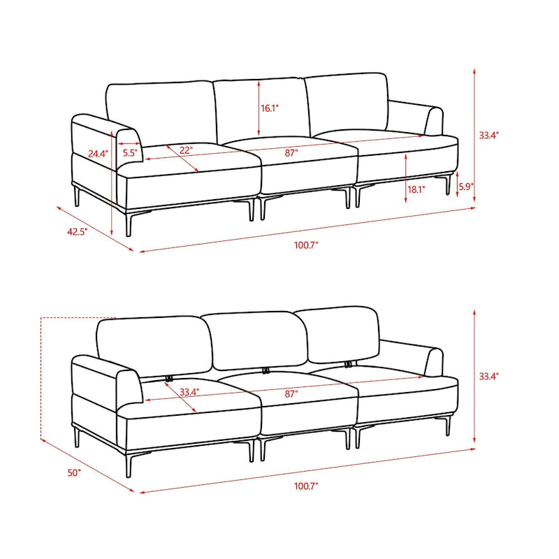 100.7" Wide Upholstered Sofa with Sliding Backrest
