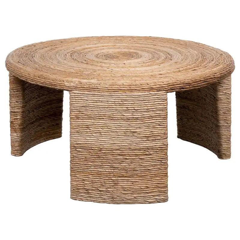 36-Inch Round Coffee Table with Natural Rattan Wrapping