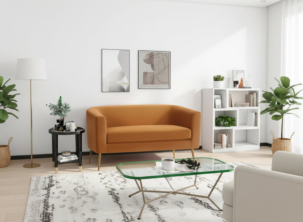Textured Fabric Loveseat with Gold Legs