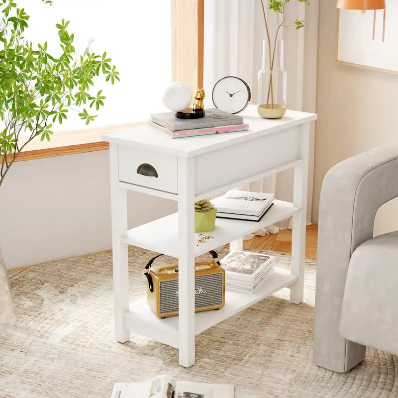 Narrow Sided End Table with Drawers and Flip Top