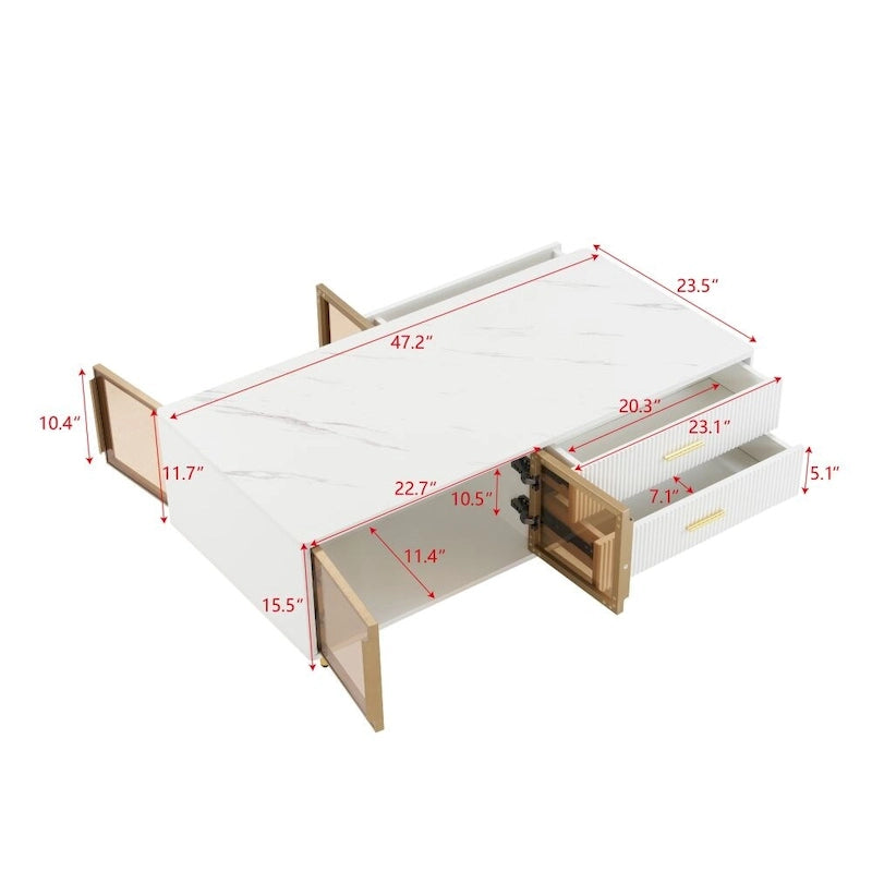 Modern Coffee Table with 2 Glass Door Storage with 4 Drawers