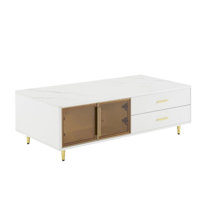 Modern Coffee Table with 2 Glass Door Storage with 4 Drawers