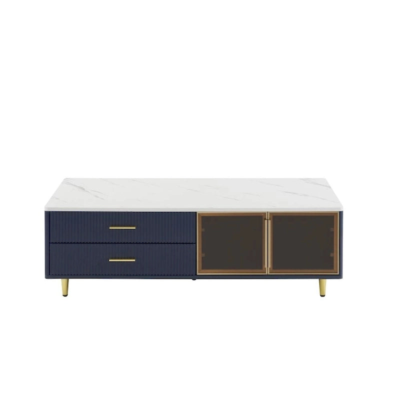 Modern Coffee Table with 2 Glass Door Storage with 4 Drawers