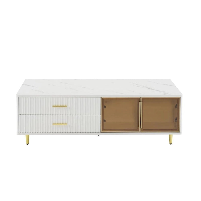 Modern Coffee Table with 2 Glass Door Storage with 4 Drawers