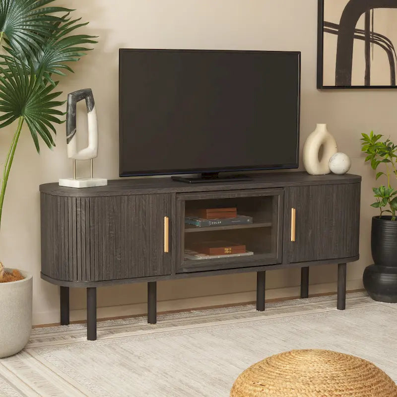 2 Tambour & 1 Glass Lift Door Media Stand - 59"W x 15"D x 24"H